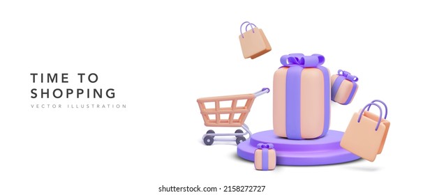 Banner online shopping with 3d realistic gift on platform and cart with shopping bag isolated on white background. Vector illustration