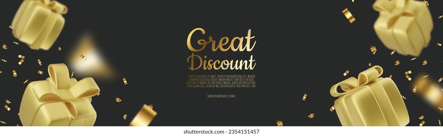 Banner online shopping with 3d realistic gift isolated on black background. Vector illustration