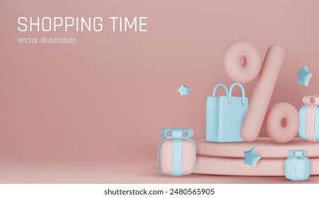 Anuncio para compras en línea con regalos realistas 3d y bolsas de regalo para el día de san valentín, año nuevo y otras fiestas aisladas sobre fondo azul. Ilustración vectorial