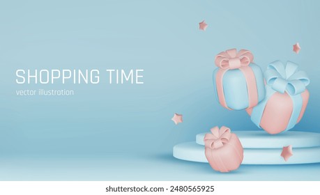 Banner for online shopping with 3d realistic gifts and gift bags for valentine's day, new year, and other holidays isolated on blue background. Vector illustration