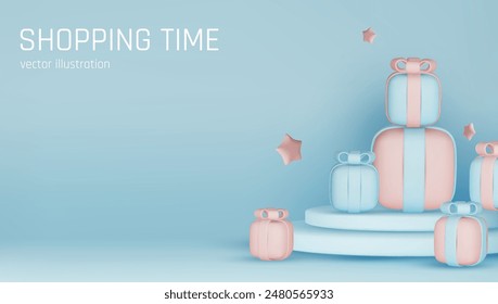 Banner for online shopping with 3d realistic gifts and gift bags for valentine's day, new year, and other holidays isolated on blue background. Vector illustration