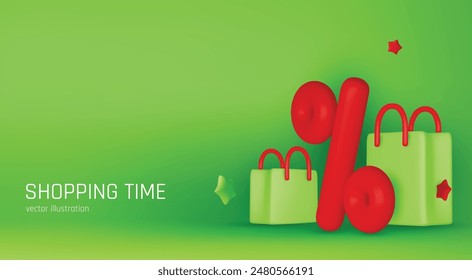 Banner for online shopping with 3d realistic gifts and gift bags for valentine's day, new year, and other holidays isolated on green background. Vector illustration