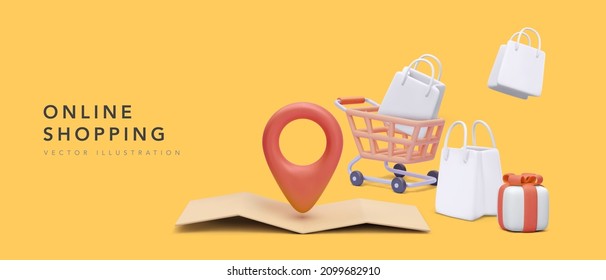 Banner for online shopping with cart, gift boxes, store, map with pointer in 3d realistic style on yellow background. Vector illustration