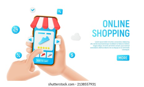 Banner with online shopping concept. Cartoon hands use smartphone with shopping app and choose sneakers. Vector illustration with concept of mobile marketing and e-commerce app.
