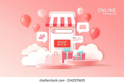 Banner with online shopping concept. Vector illustration with concept of mobile marketing and e-commerce app.