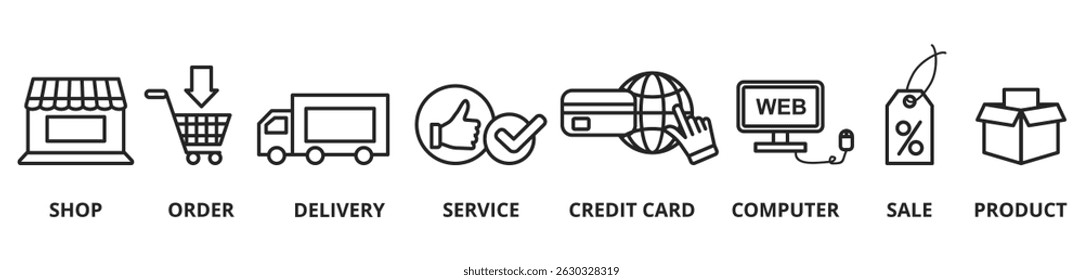 Banner online shopping vector illustration concept. Shop, order, delivery, service, credit card, computer, sale and product