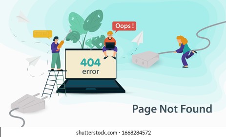Banner, Oops, 404 error page not found , Internet connection problems, little people trying to reconnect, for websites and mobile apps, Flat vector illustration