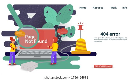 Banner, Oops, 404 error, page not found, Internet connection problems, guy and girl looking at laptop, for websites and mobile apps, Flat vector illustration