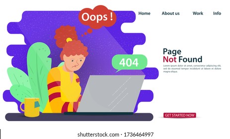 Banner, Oops, 404 error, page not found, Internet connection problems, girl sitting in front of laptop at table, for websites and mobile apps, Flat vector illustration