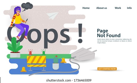 Banner, Oops, 404 error, page not found, Internet connection problems, girl sitting on a letter, for websites and mobile apps, Flat vector illustration