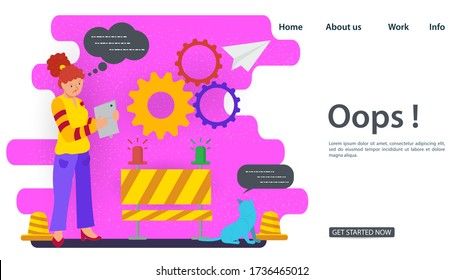 Banner, Oops, 404 error, page not found, Internet connection problems, girl with phone standing next to a barrier, for websites and mobile apps, Flat vector illustration