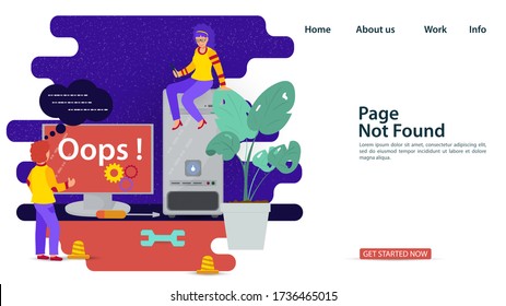 Banner, Oops, 404 error, page not found, Internet connection problems, guy and girl in front of broken computers, for websites and mobile apps, Flat vector illustration