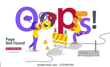 Banner, Oops, 404 error, page not found, Internet connection problems, Two girls near the inscription, for websites and mobile apps, Flat vector illustration
