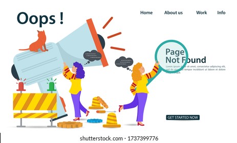 Banner, Oops, 404 error, page not found, Internet connection problems, Girls holding megaphone and magnifying glass, for websites and mobile apps, Flat vector illustration