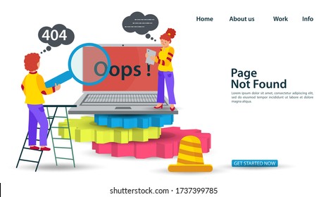 Banner Oops, 404 error page not found, Internet connection problems, Guy and girl standing near laptop on gears, for websites and mobile apps, Flat vector illustration