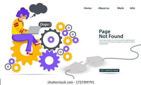 Banner, Oops, 404 error, page not found, Internet connection problems, girl with glasses and laptop sitting on gears, for websites and mobile apps, Flat vector illustration