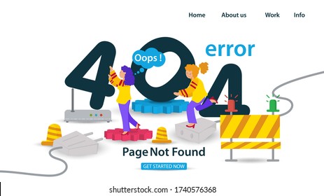 Banner Oops 404 error page not found Internet connection problems Two girls holding numbers for websites and mobile apps Flat vector illustration