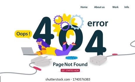Banner, Oops, 404 error, page not found, Internet connection problems, Girl with laptop lying in front of numbers, for websites and mobile apps, Flat vector illustration
