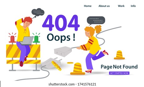 Banner, Oops, 404 error, page not found Internet connection problems, Girl holding cable guy sitting with laptop, for websites and mobile apps, Flat vector illustration