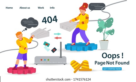 Banner, Oops, 404 error, page not found Internet connection problems, Guy and girl pulling cable to connect to the network, for websites and mobile apps, Flat vector illustration