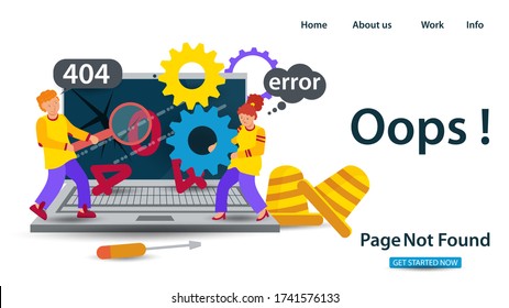 Banner, Oops, 404 error, page not found, Internet connection problems, Guy and girl repairing a broken laptop, for websites and mobile apps, Flat vector illustration