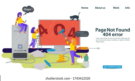 Banner, error de Oops 404, problemas de página no encontrados, conexión a Internet, Pequeñas personas reparando números de pintura de computadora, para sitios web y aplicaciones móviles, Ilustración de vector plano