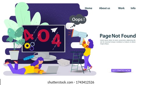 Banner, Oops, 404 error, page not found Internet connection problems, Girl with a loudspeaker and laptop in front of the floor monitor, for websites and mobile apps