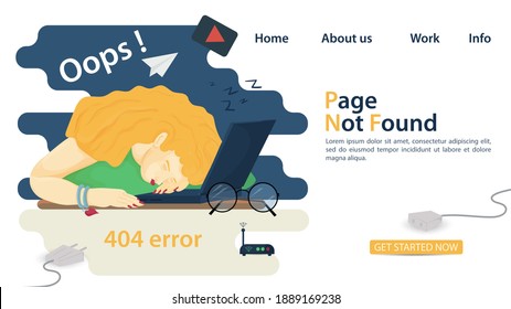 Banner, oops, 404 error, page not found, man woman fell asleep in front of laptop, for websites and mobile apps, Flat vector illustration