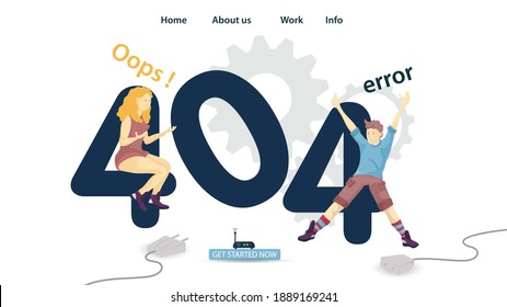 Banner, oops 404 error, page not found, man and woman sitting on numbers, for website and mobile app design, Flat vector illustration