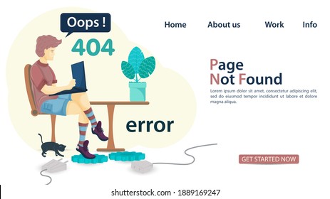 Banner, oops, 404 error, page not found, man man sitting on chair with laptop, for websites and mobile apps, Flat vector illustration