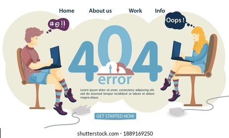 Banner, oops 404 error, page not found, man and woman sitting in chairs with laptop internet not working, for website design and mobile applications, Flat vector illustration