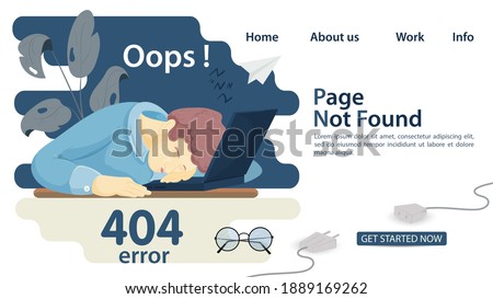 Banner, oops, 404 error, page not found, man man fell asleep in front of laptop, for websites and mobile applications, Flat vector illustration