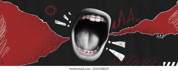 Banner with open scream mouth. Pop art and punk background. Poster with halftone effect. Zine page. Retro vector design in red and black and white colors