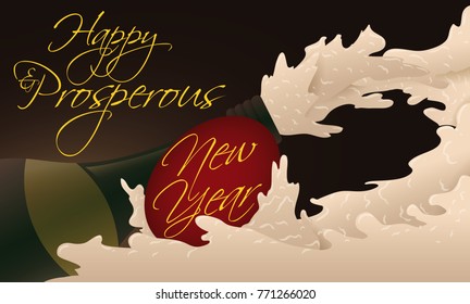 Banner with opened champagne bottle with a lot of froth and a round label floating in the liquid for New Year celebration.