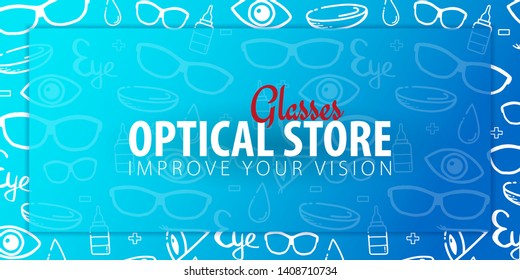 Banner for Optical Shop or Glasses clinic. Hand drawn doodle background