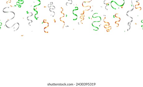 banner orange, green, silver colors ribbon and confetti with St. Patricks Day party invitation design, greeting lucky