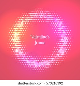 Banner with orange halftone creative abstract background with glitter and bright backdrop. Party or wedding invitation, card for valentine day with sequins and hearts. Vector illustration