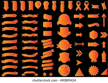 Banner orange vector icon set on black background. Ribbon isolated shapes illustration of gift and accessory. Christmas sticker and decoration for app and web. Label, badge and borders collection.