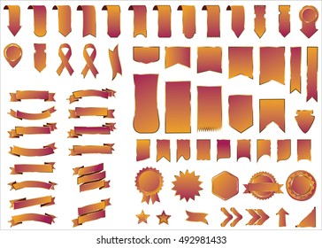 Banner orange vector icon set on white background. Ribbon isolated shapes illustration of gift and accessory. Christmas sticker and decoration for app and web. Label, badge and borders collection.