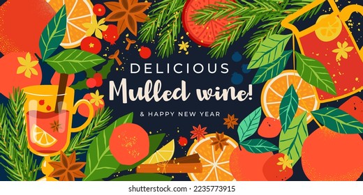 Banner with oranges, mulled wine, cinnamon and New Year's mood. It will be great as a sign at the fair, in the kiosk, and at the Christmas market.