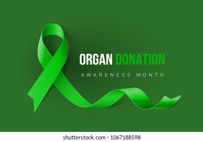 Banner with Organ Transplant and Organ Donation Awareness Realistic Green Ribbon. Design Template for Info-graphics or Websites Magazines on Green Background