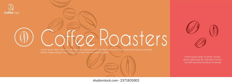 Banner organic coffee Design, template design for coffee roaster concept, bakery banner for eco store and market, flower panoramic background with vector coffee beans illustration in engraving style.
