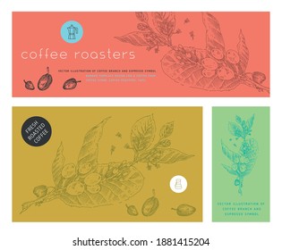 Banner organic coffee, template design for fresh roasted coffee concept, bakery banner for cafe design, cafeteria, flower panoramic background with vector coffee beans illustration in engraving style.