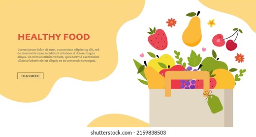Banner with organic food, paper bag full of fruits