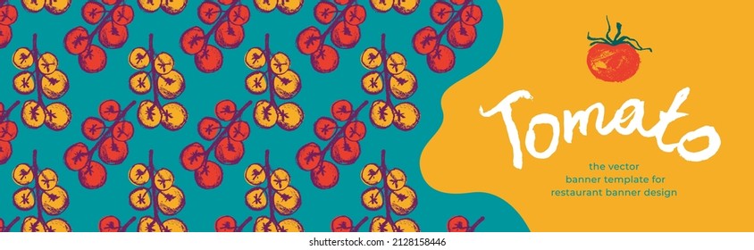 Banner organic ingredients, template design for healthy food concept, vegetarian food banner for cherry tomatoes background, eco store and farmers market. Tomato pattern for homemade cooking courses.
