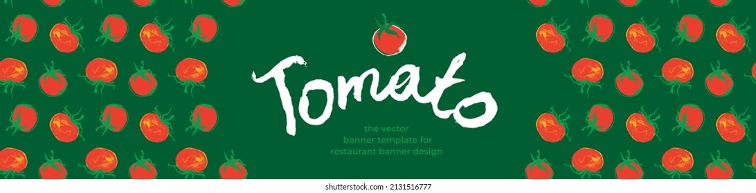 Banner organic ingredients, template design for healthy food concept, vegetarian food banner with red tomatoes background, eco store and farmers market. Tomato pattern for homemade cooking courses.