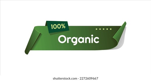 Banner with Organic text. Green curved ribbon isolated on white background. Vector illustration, organic product  label.  paper sticker. Promotional sale badge with text.