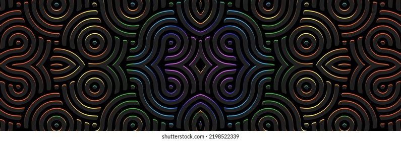 Banner, original cover design. Embossed ethnic fantasy 3D pattern on a black background, boho style, paper press. Tribal geometric ideas for websites, presentations