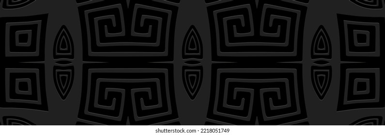 Banner, original cover design. Embossed ethnic 3D pattern on a black background, geometric texture, press paper. Greek meander ornament, boho style for website, presentation.