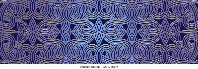 Banner, original cover design. Embossed geometric 3d pattern on a blue background. Boho, handmade creative themes, ethnic traditions, motives of the East, Asia, India, Mexico, Aztecs, Peru.